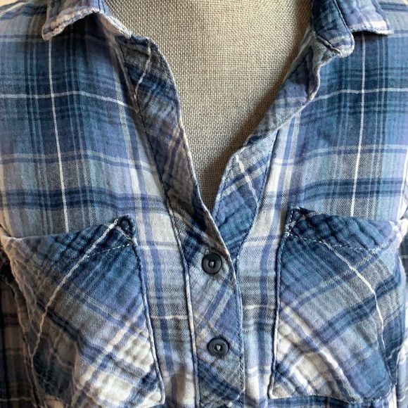 Anthropologie Cloth & Stone blue and white plaid cotton blouse - Picture 3 of 6